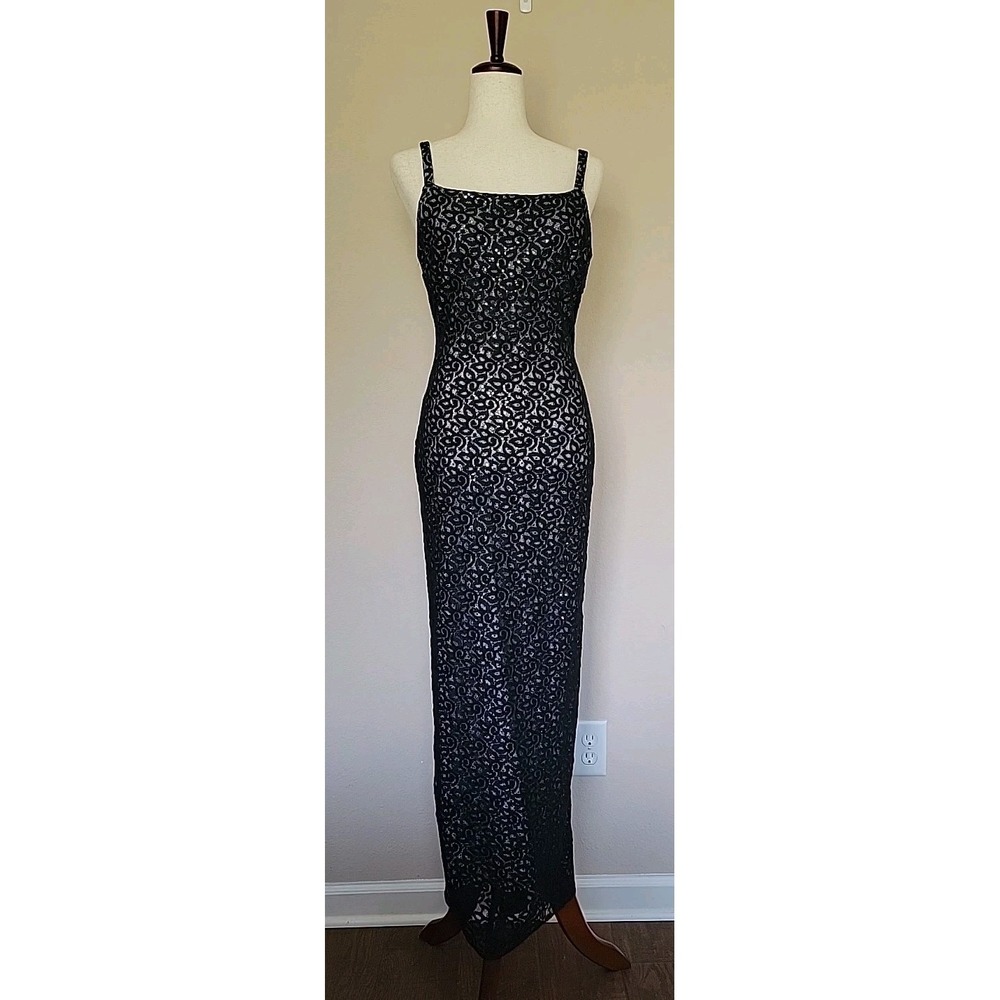 Vtg Jessica Mcclintock Black Maxi Slip Dress Sz S Sparkle Lace Floral Goth 90s